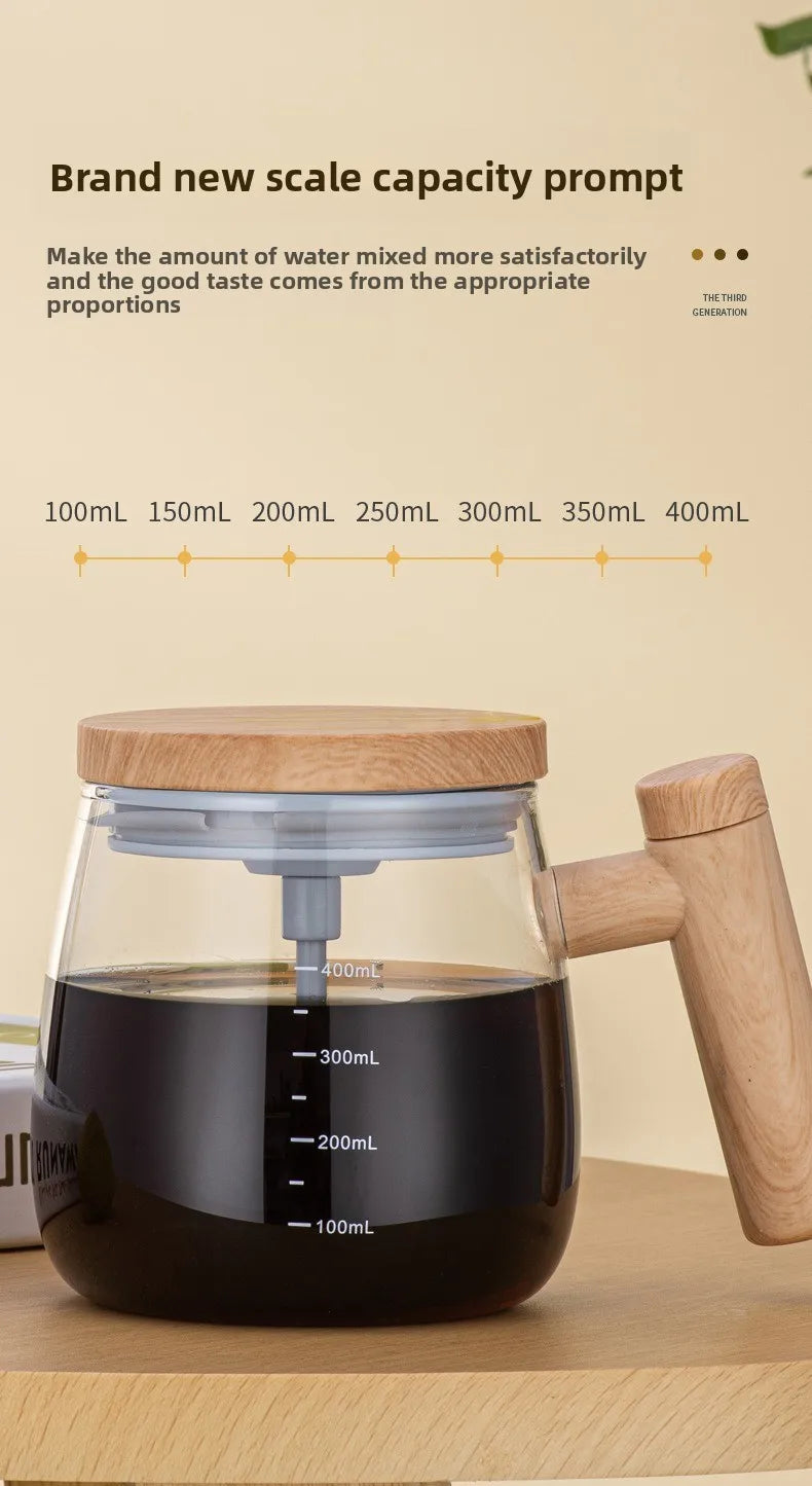 A clear glass mug filled with dark liquid is shown next to a wooden handle, demonstrating various scale capacity markings.