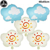 A set of five foil balloons featuring airplane and helicopter designs for an aviator party