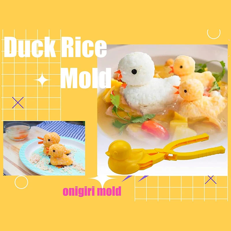 A yellow duck-shaped mold is shown next to a plate of food featuring duck rice molded into the shape of a duck.