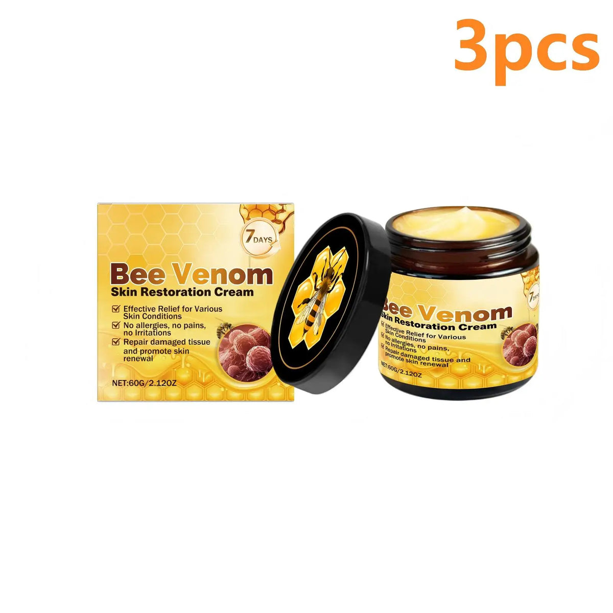 Three jars of Bee Venom Skin Restoration Cream with yellow labels and a product box.