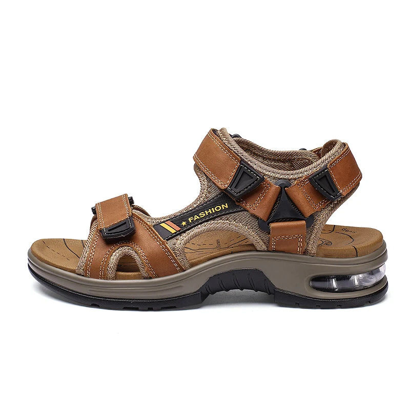 A pair of brown men's genuine leather air cushion sandals with dark accents and a light tan sole.