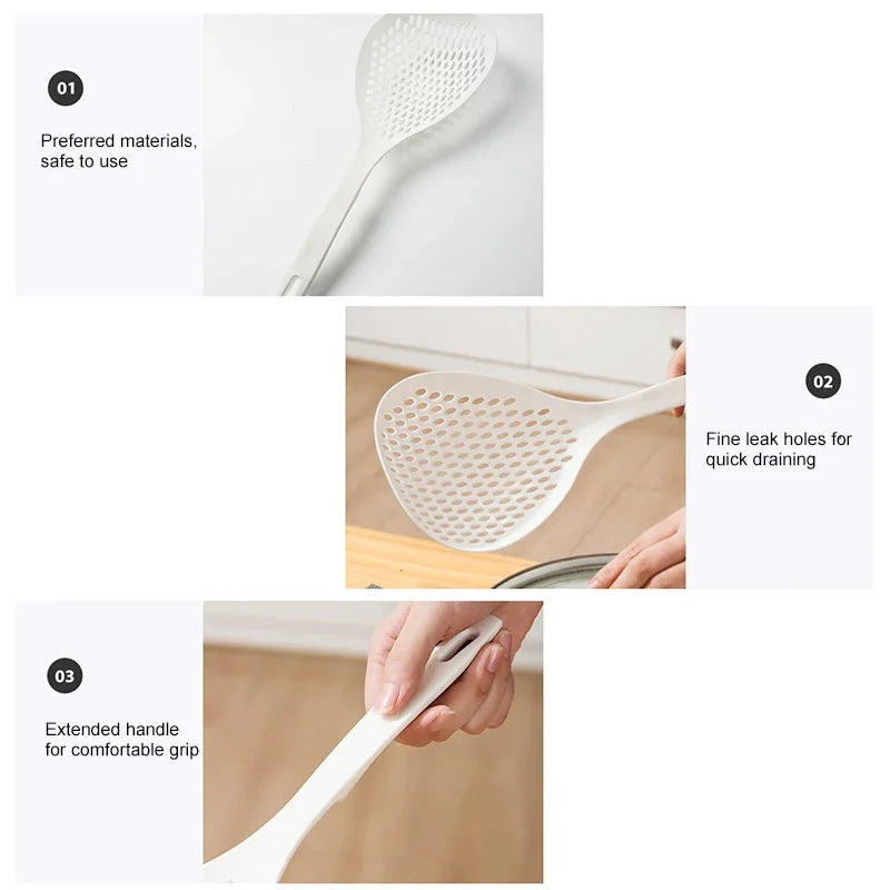 Close-up shots showing the preferred materials, fine leak holes for drainage, and extended handle grip of a white kitchen str