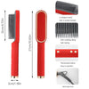A red 2-in-1 hot and cold air curling and straightening comb with various attachments shown in detail.