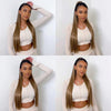A woman models a light beige wrap-around clip-in ponytail extension for women, shown in four different poses.