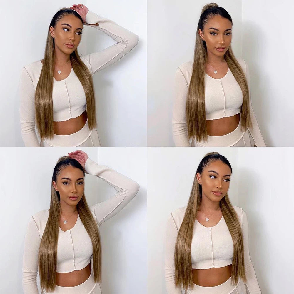 A woman models a light beige wrap-around clip-in ponytail extension for women, shown in four different poses.