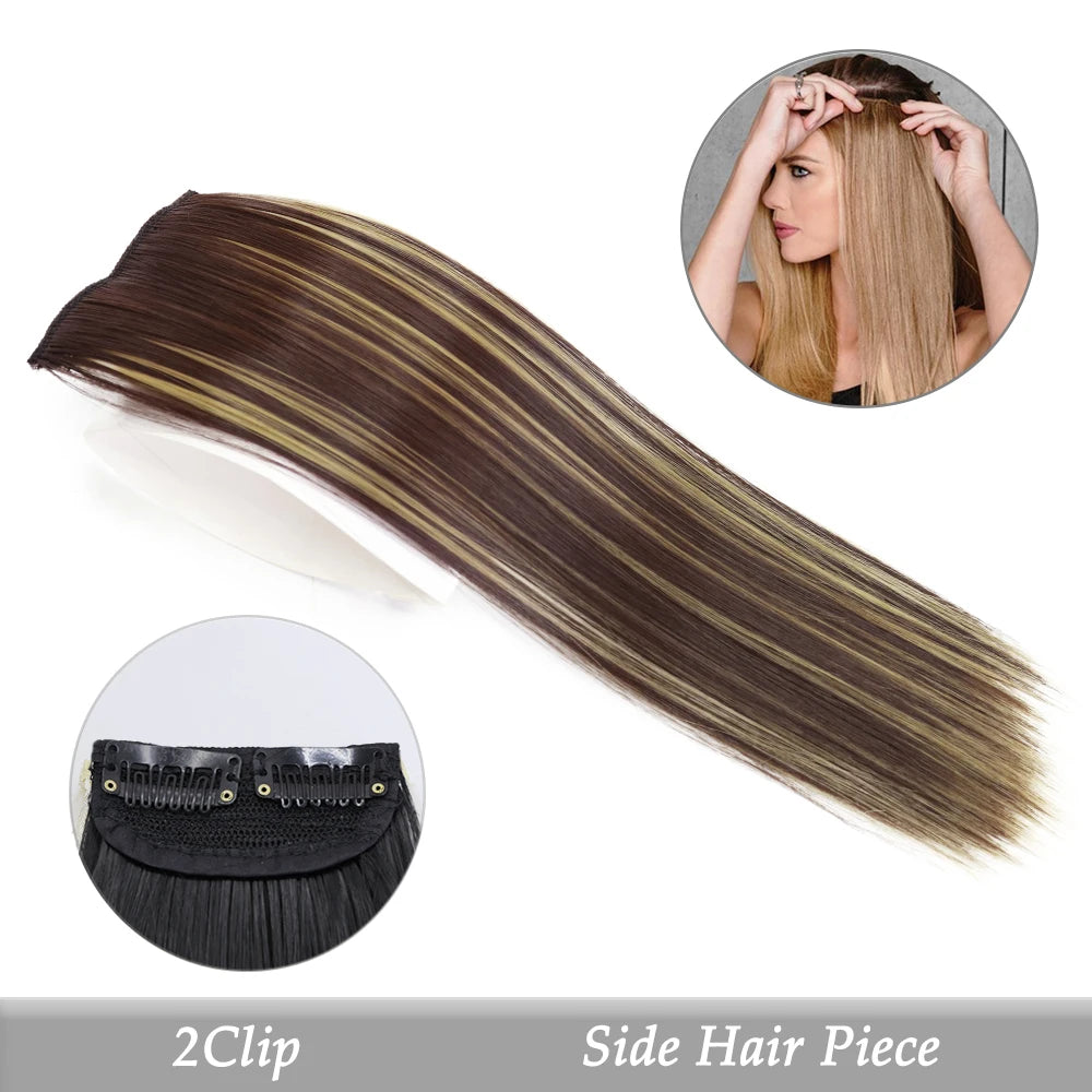 A side hair piece featuring long, straight brown hair with blonde highlights, shown alongside a clip-in hair pad.