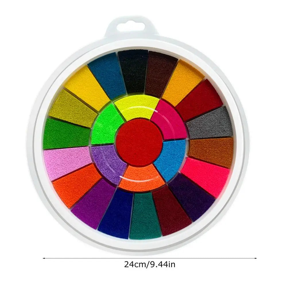 A circular palette of vibrant finger painting colors arranged in a rainbow spectrum.