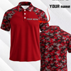 Rotes Poloshirt mit Camouflage-Muster an Ärmeln und Kragen, mit Option für Namensschild.