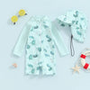 Light blue whale print long sleeve rash guard swimsuit and sun hat for baby boys