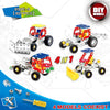 A set of four 4 in 1 metal engineering vehicle building kits, including a race car and a bulldozer model.
