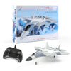 A model fighter plane kit featuring a white and gray design is shown next to its packaging.