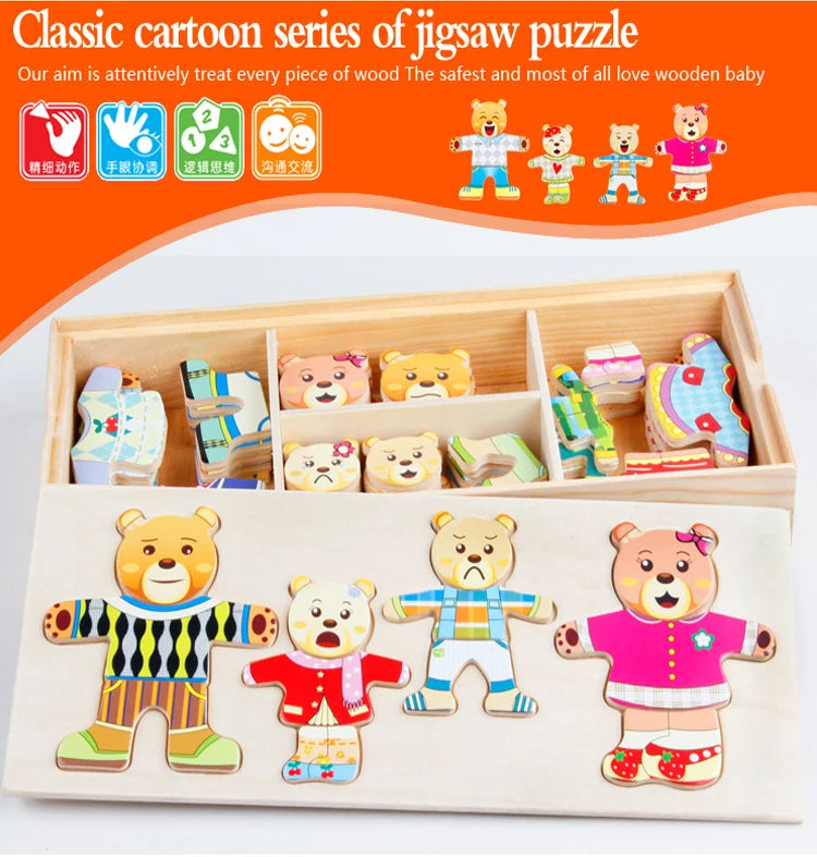 A wooden puzzle set featuring four bear figures in various outfits for children.