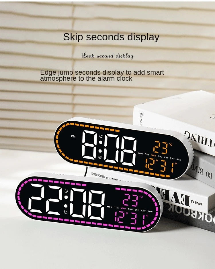An orange digital alarm clock displaying 8:08 with a leap second display, resting on a white surface.