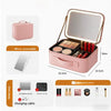 Pink LED lighted makeup bag with mirror and organizer compartments for travel cosmetics