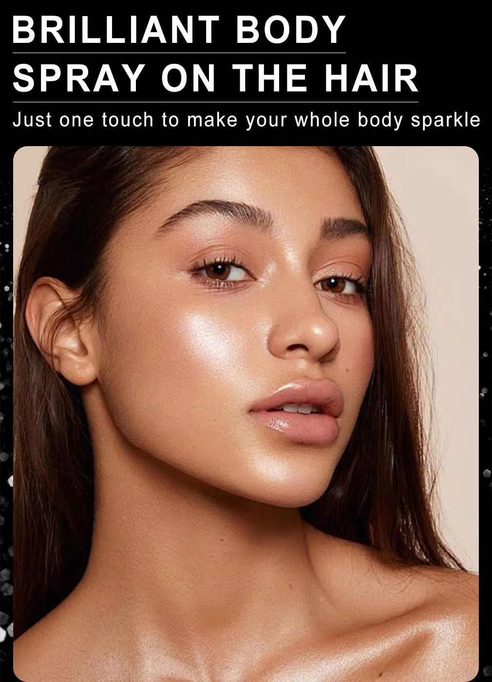 Primer de mujer aplicando un brillante spray corporal en su cabello y piel.