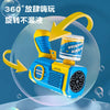 A blue and yellow electric bubble blower toy is shown rotating 360 degrees, creating bubbles.