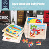 A set of nine wooden jigsaw puzzles featuring dinosaur and animal themes for children