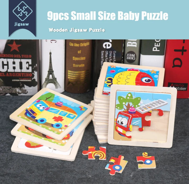 A set of nine wooden jigsaw puzzles featuring dinosaur and animal themes for children