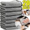 A stack of 20 black and white scratch-free microfiber cleaning cloths for kitchen and home use.