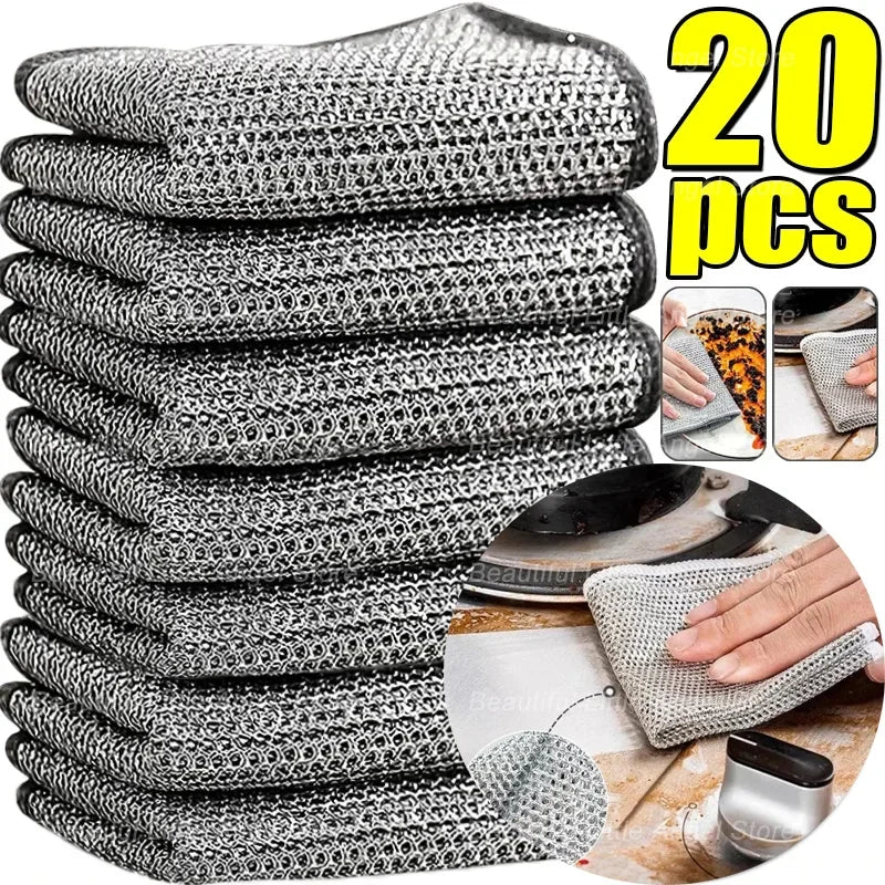 A stack of 20 black and white scratch-free microfiber cleaning cloths for kitchen and home use.