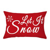 Rødt putetrekk med hvit tekst 'Let It Snow' og snøfnuggmønster