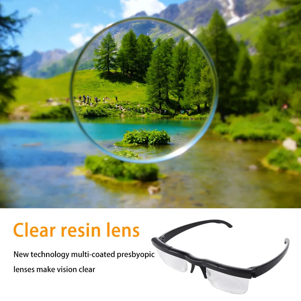 Clear resin lens glasses shown with a magnified view of a green forest and water.