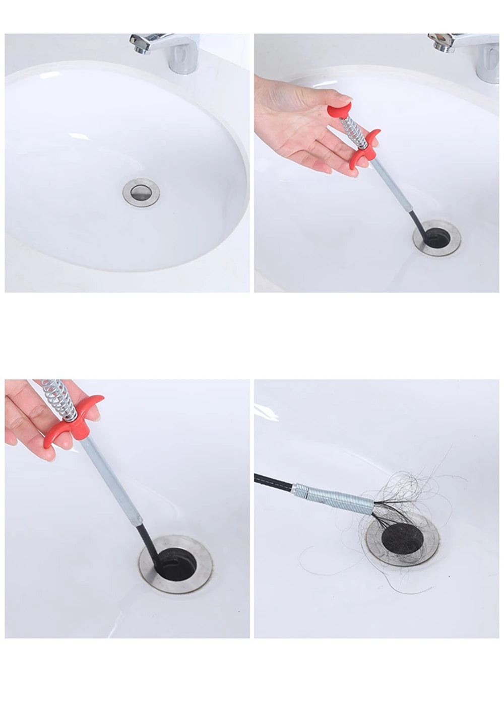 A hand uses a flexible drain snake tool to clear a clog in a white ceramic sink.