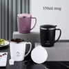 Three 350ml mugs in purple, black, and white are displayed on a gray surface.