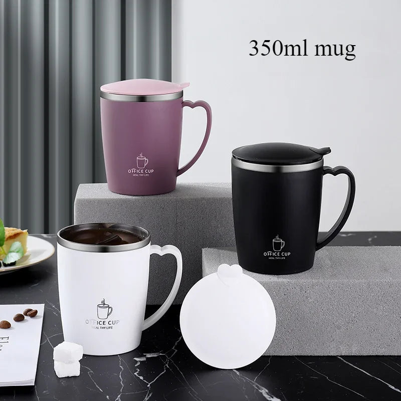 Three 350ml mugs in purple, black, and white are displayed on a gray surface.