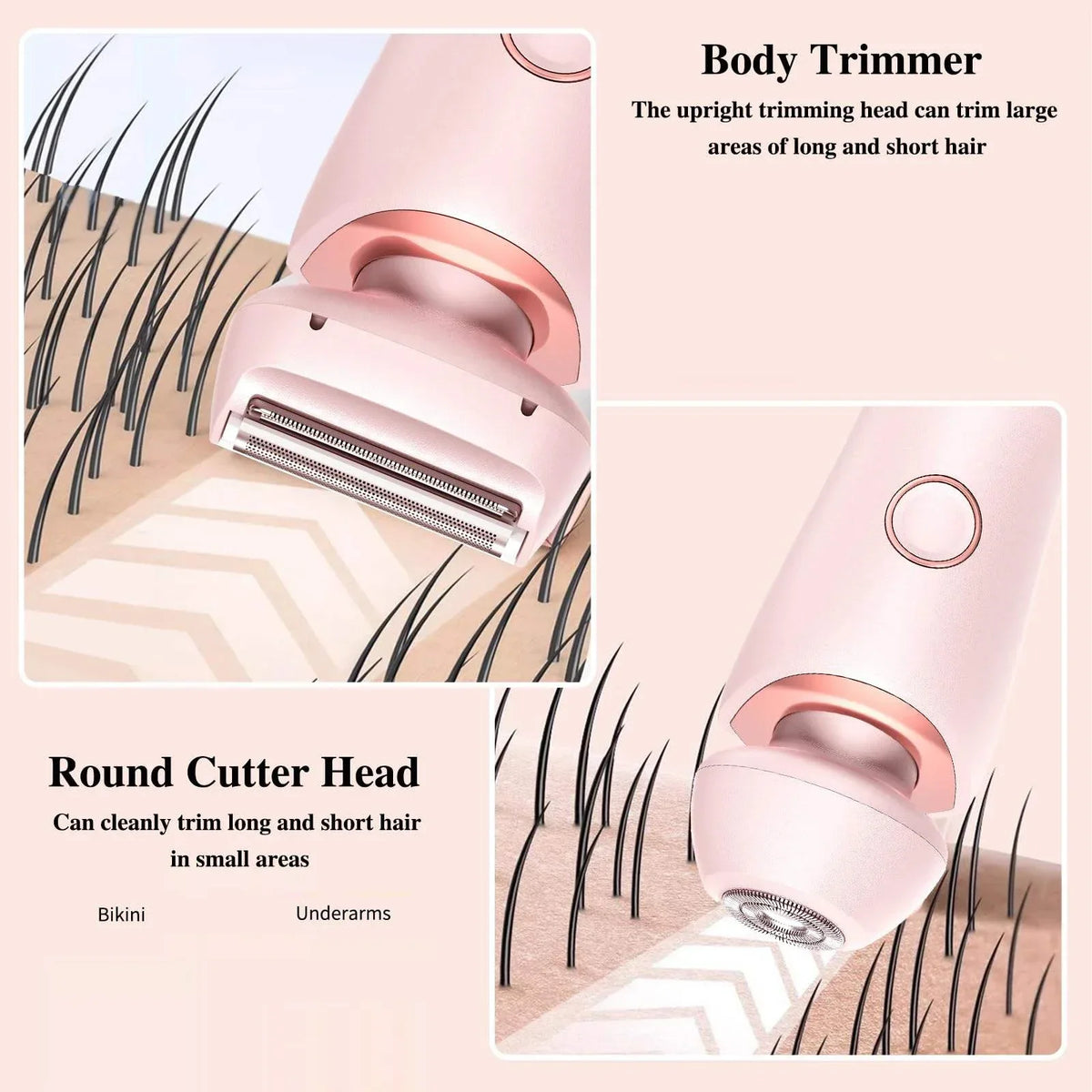 A pink body trimmer with an upright head and a round cutter head shown trimming hair on a skin surface.