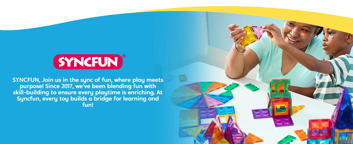 A woman and a child are building with colorful magnetic tiles on a table, demonstrating the fun of learning.