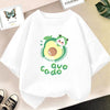 White kids t-shirt featuring a cute avocado print with the text avocado