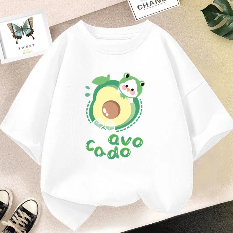 White kids t-shirt featuring a cute avocado print with the text avocado