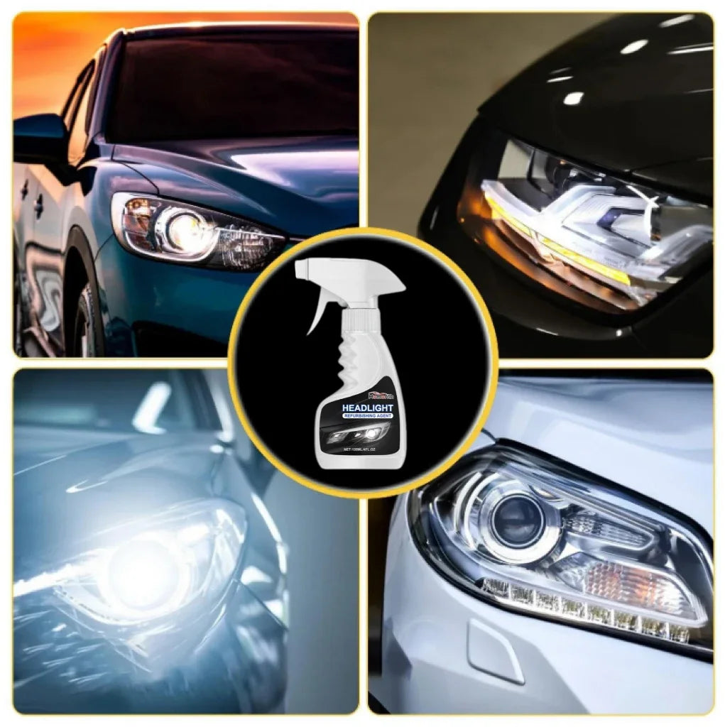A collage showing various car headlights before and after restoration using headlight restoration fluid.