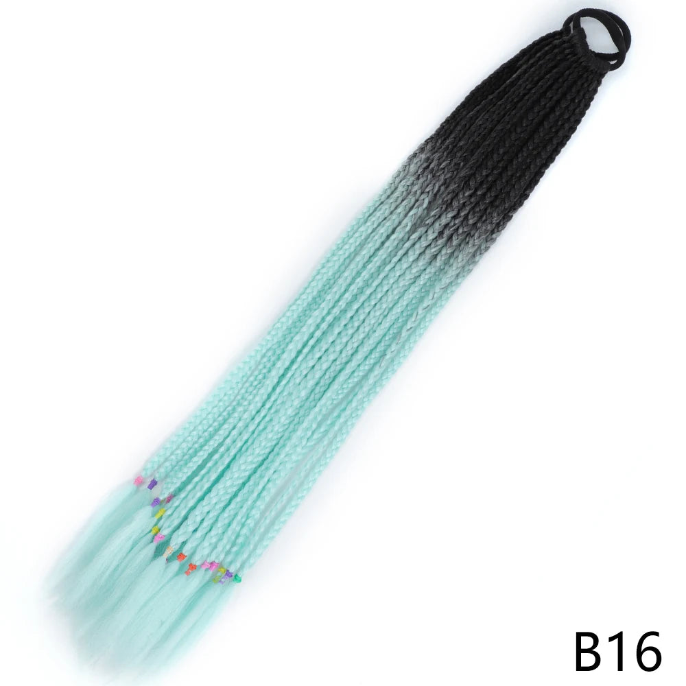 A long, pre-braided hair extension featuring a gradient color transition from light aqua blue to black, ending with an elasti