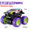 An alloy style purple pull-back stunt SUV toy car with green wheels shown from the side.