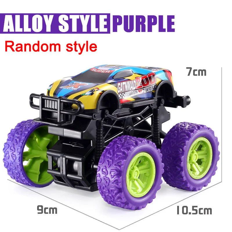 An alloy style purple pull-back stunt SUV toy car with green wheels shown from the side.