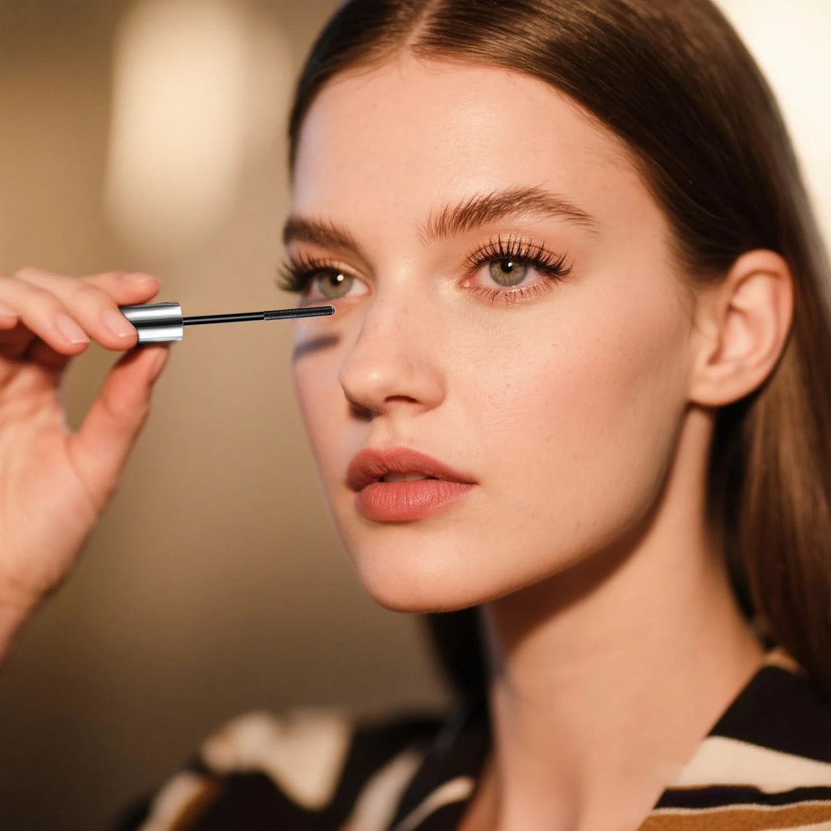 A woman applies waterproof volumizing mascara using a defining brush to her eye.