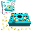 A box and a game board of a 26-piece time puzzle matching game with yellow and black shapes.