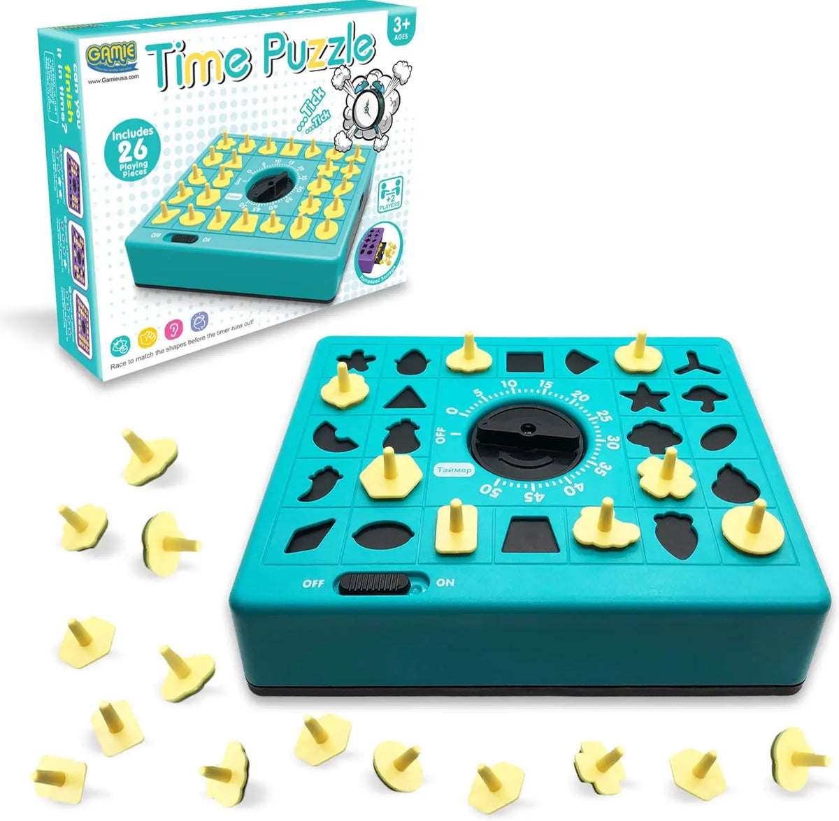 A box and a game board of a 26-piece time puzzle matching game with yellow and black shapes.