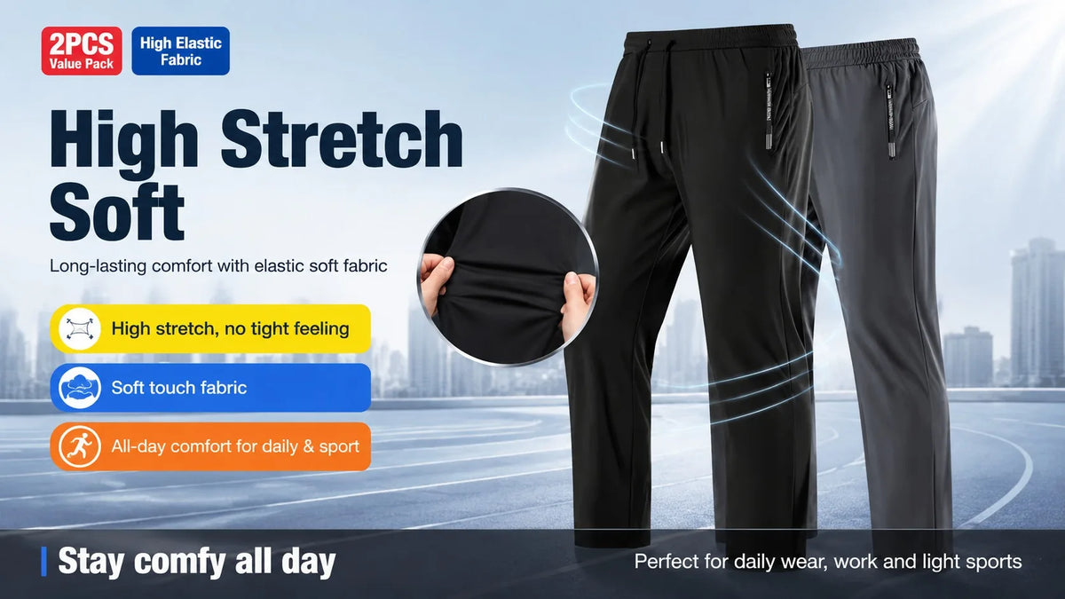 Black men's high-stretch joggers shown on a model, highlighting the fabric comfort and fit.