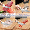 Cortador de acero inoxidable para carne o pescado, mostrando cortes de carne roja y pescado