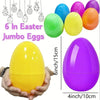 Juego de seis huevos gigantes de plástico de colores: verde, amarillo, morado y naranja.