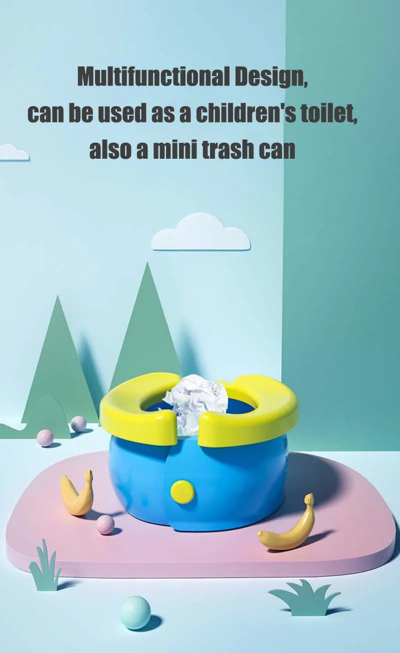 A blue foldable potty for kids is shown on a pink tray with small plastic items nearby.