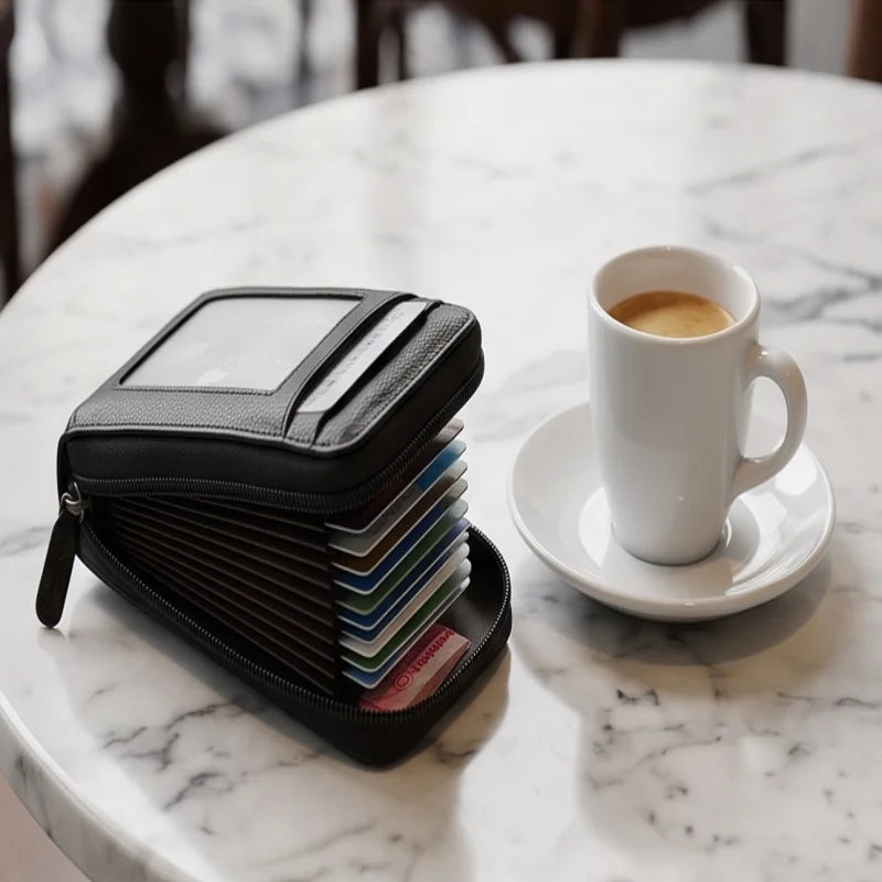 A black compact zipper card holder is resting on a white marble table next to a white coffee cup.