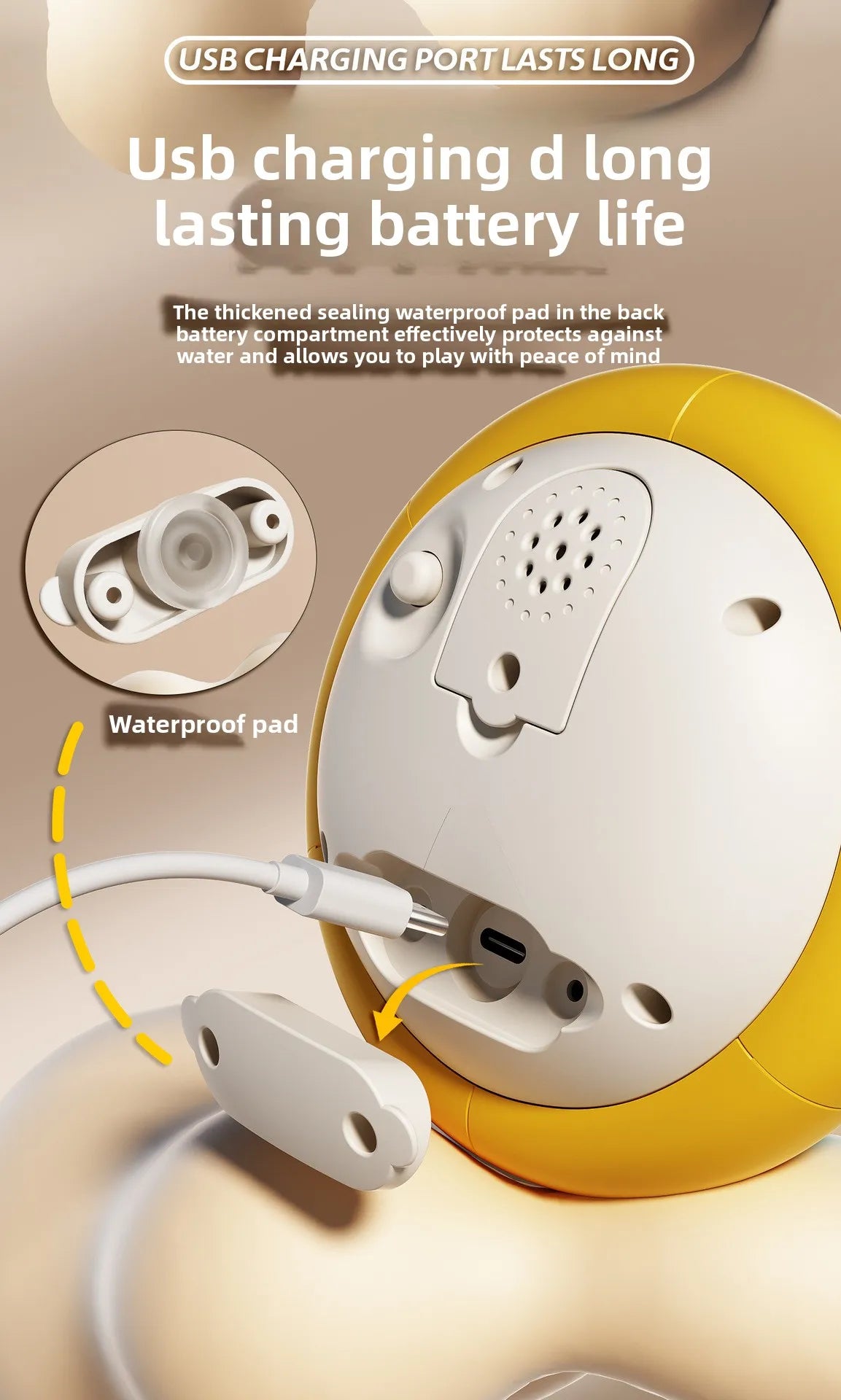 A yellow musical light-up whale baby bath toy is shown with a waterproof pad and charging port details.