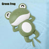 A green frog bath toy is shown floating in clear water.