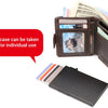 A brown leather card case is shown open, displaying a photo and holding cash and cards. A black wallet is also visible.