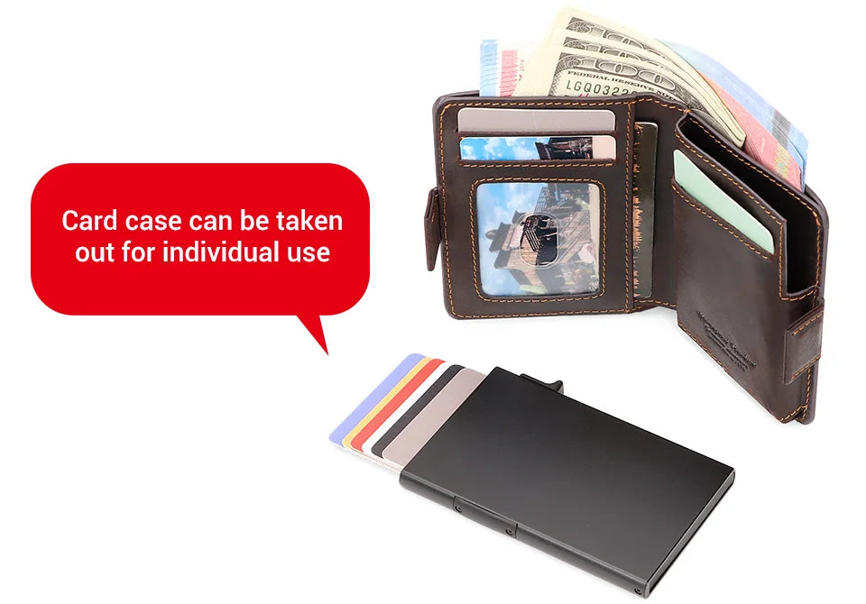 A brown leather card case is shown open, displaying a photo and holding cash and cards. A black wallet is also visible.