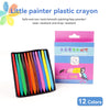 A box of 12 plastic crayons in various colors is shown next to a black pencil case.